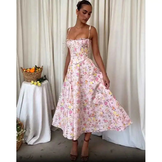 Boho Pink Floral Print Cotton Strapless Dress