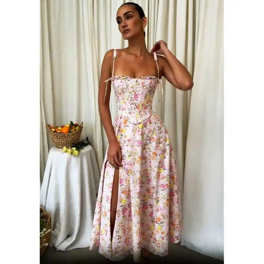 Boho Pink Floral Print Cotton Strapless Dress