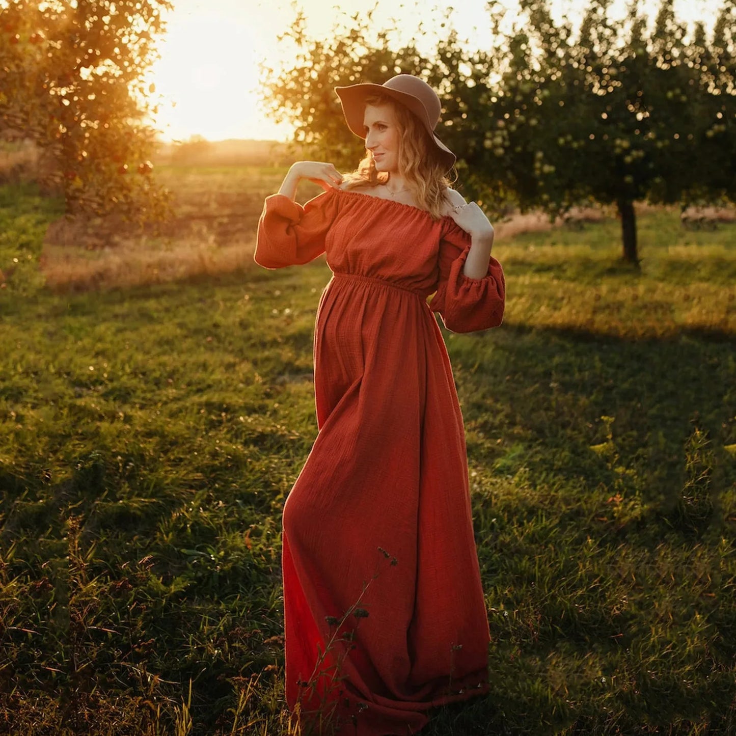 Rust Slash Neck Bohemian Pregnancy Boho Dress