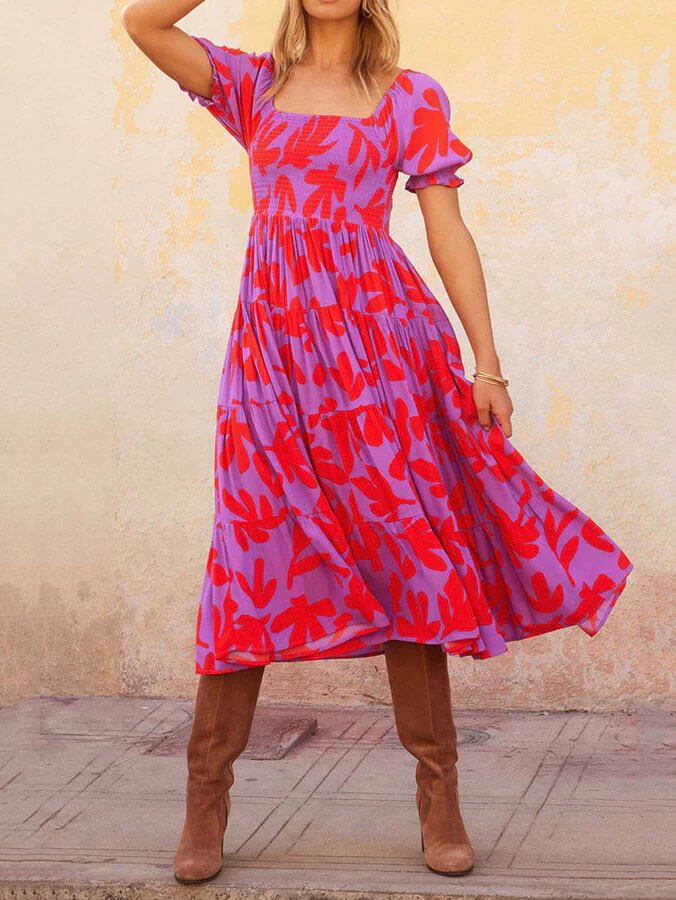 Puff Sleeve Square Charming Neck Printed Midi Dress