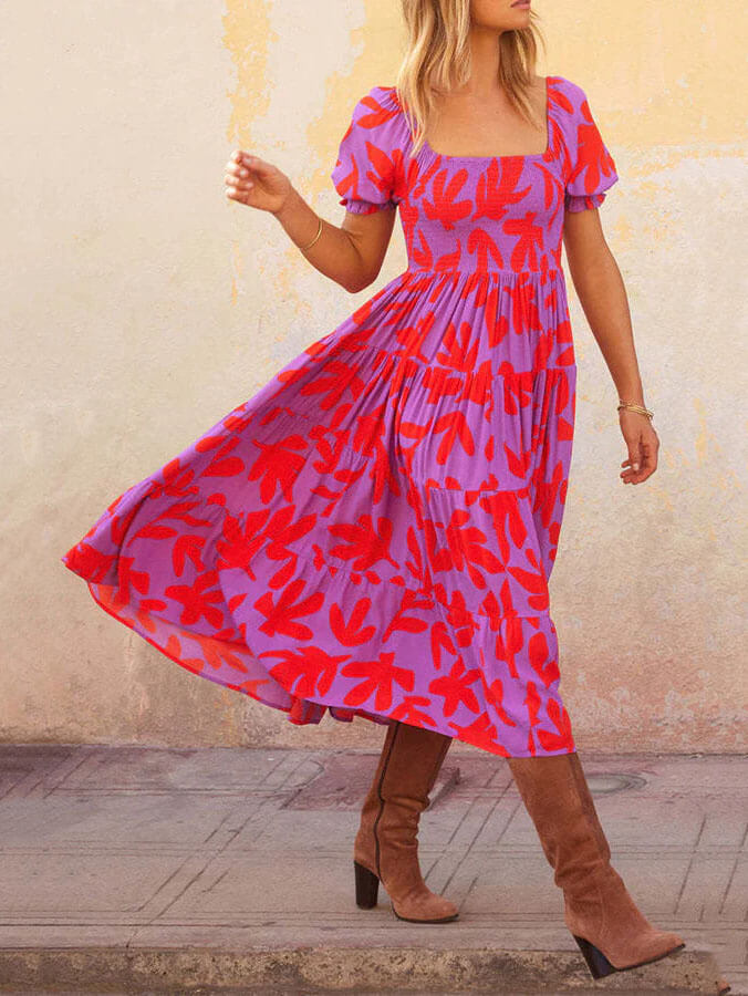 Puff Sleeve Square Charming Neck Printed Midi Dress