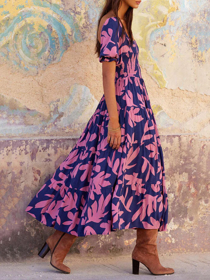 Puff Sleeve Square Charming Neck Printed Midi Dress