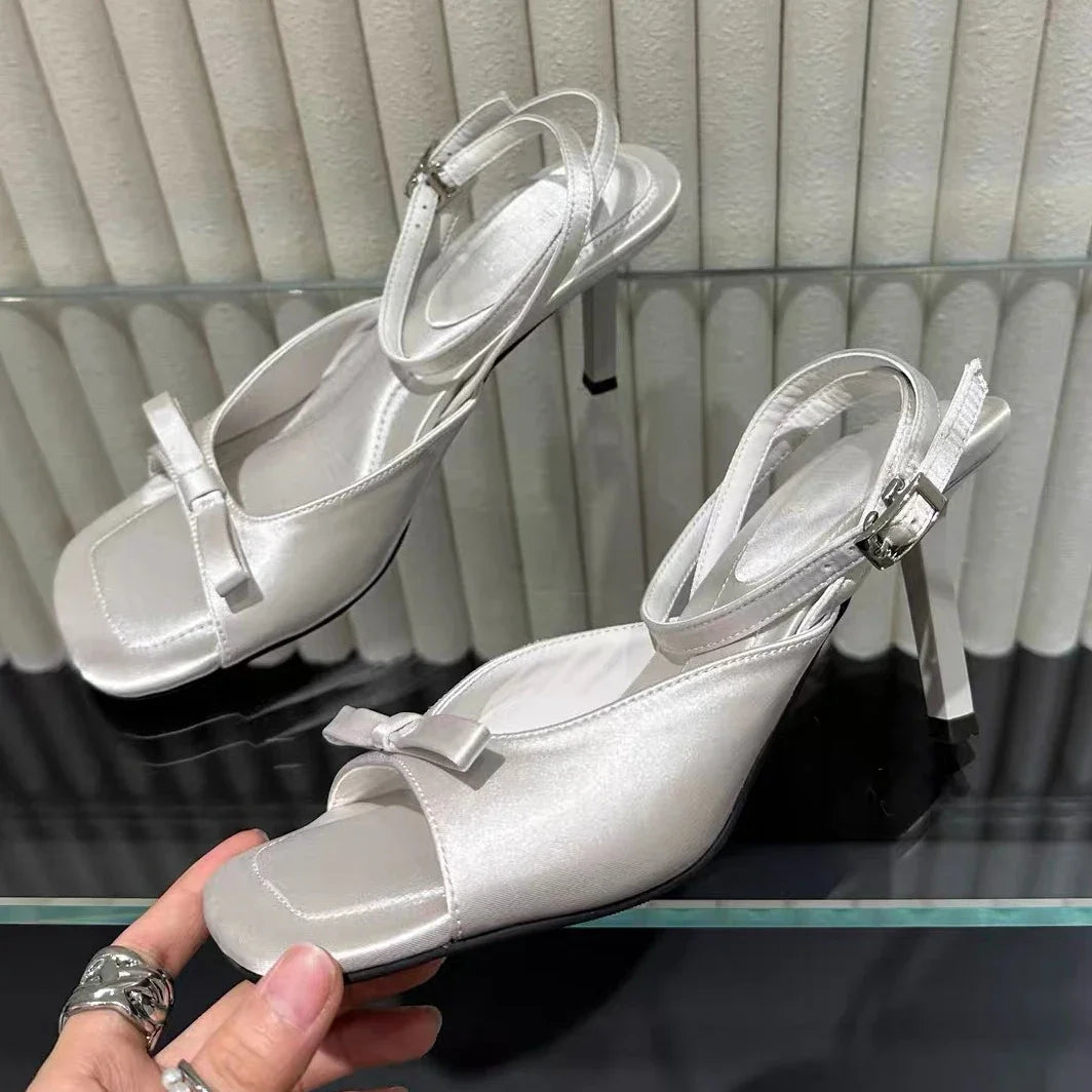 Satin Sandals Women Luxury Designer Party Dress Shoe Ankle Strap Square Toe Mules Pumps Slingback High Heel