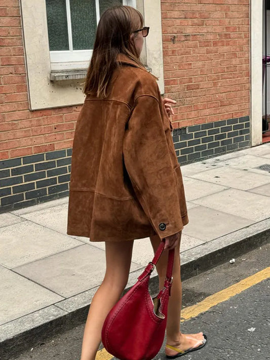 Brown Single Breasted Leather Coat