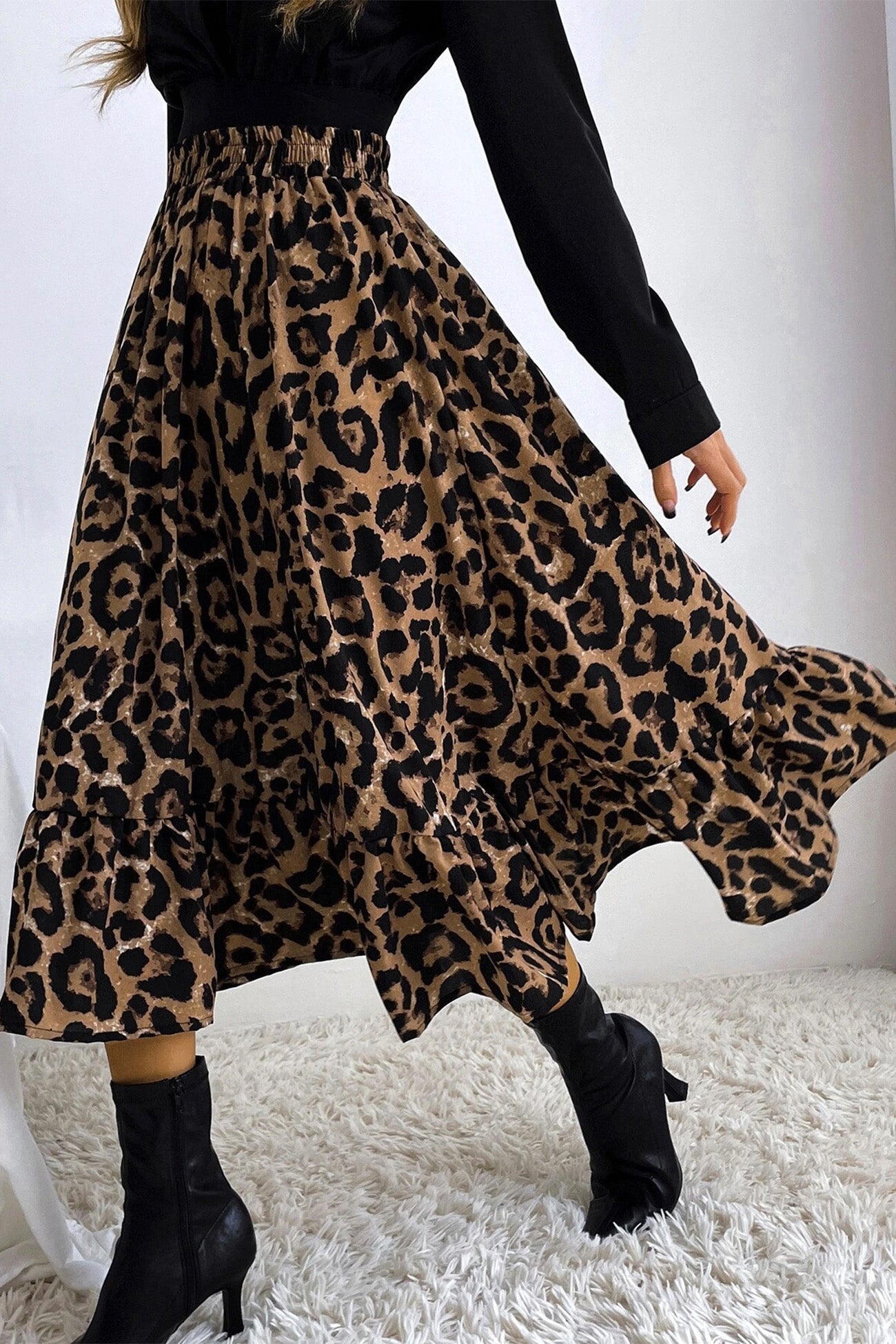 Leopard Print Pleated High Waist Skirt