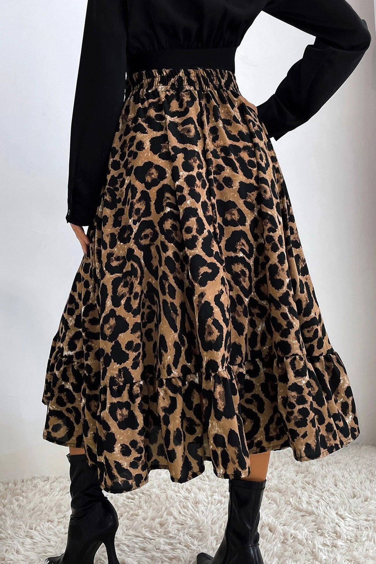 Leopard Print Pleated High Waist Skirt