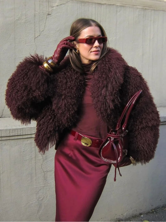 Burgundy Fluffy Faux Fur Coat