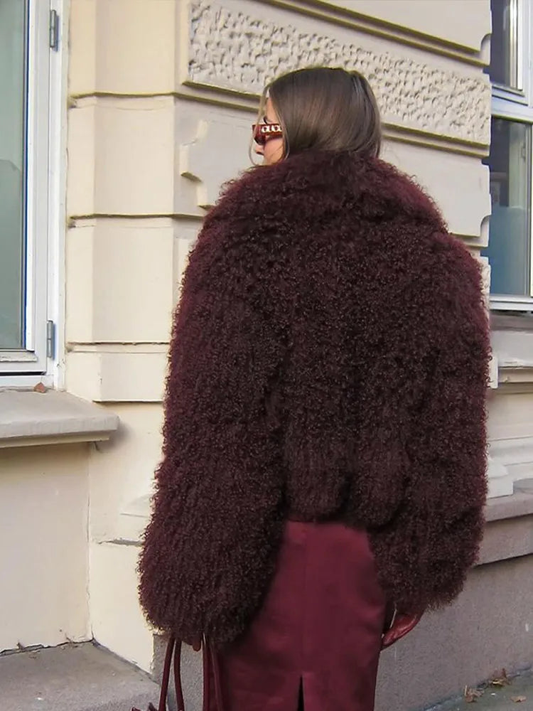 Burgundy Fluffy Faux Fur Coat