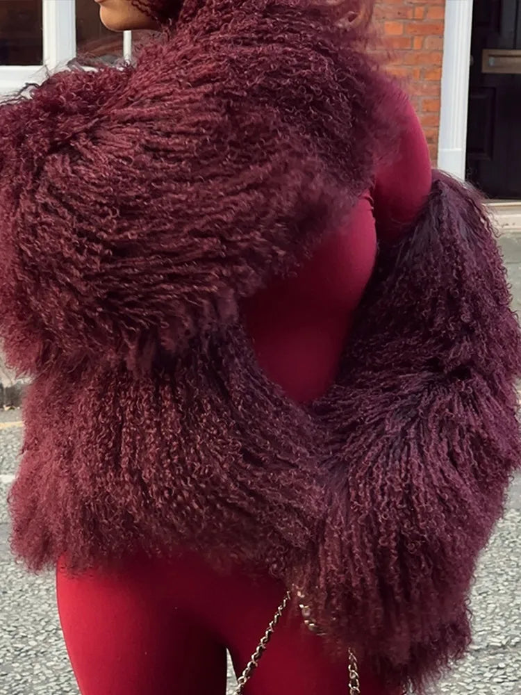 Burgundy Fluffy Faux Fur Coat