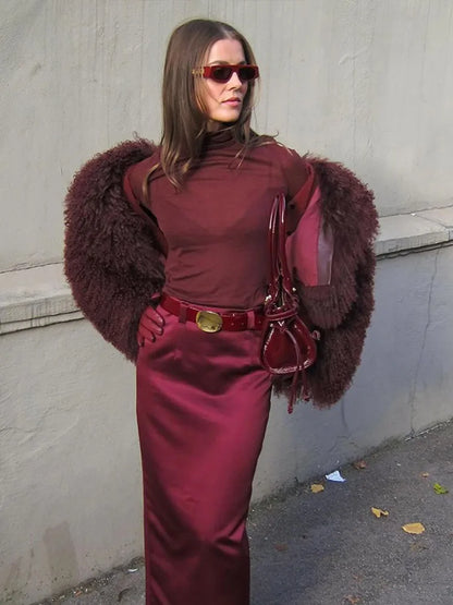 Burgundy Fluffy Faux Fur Coat