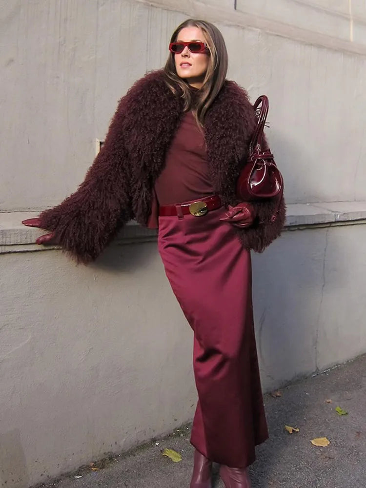 Burgundy Fluffy Faux Fur Coat