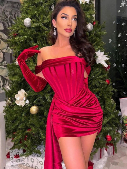 Burgundy Draping Off Shoulder Corset Sexy Velvet Slim Bodycon Mini Christmas Party Dress