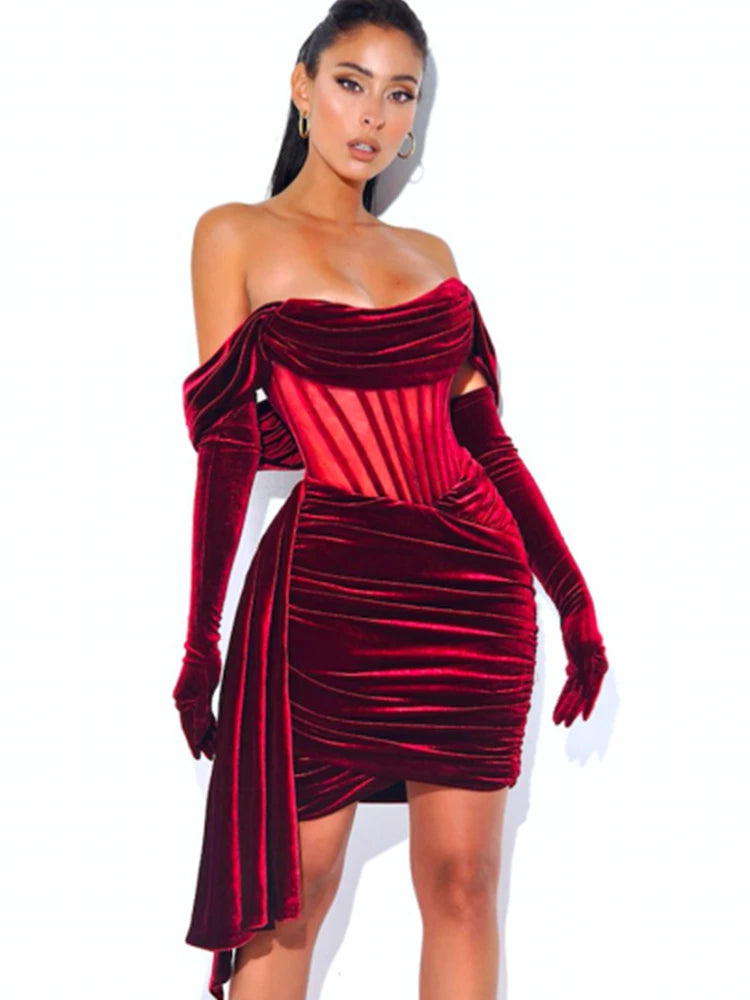 Burgundy Draping Off Shoulder Corset Sexy Velvet Slim Bodycon Mini Christmas Party Dress