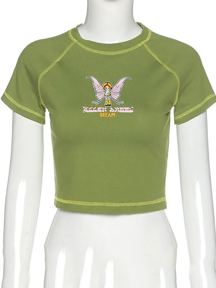 Butterfly Graphic Green Short Sleeve Vintage Tee Crop Top