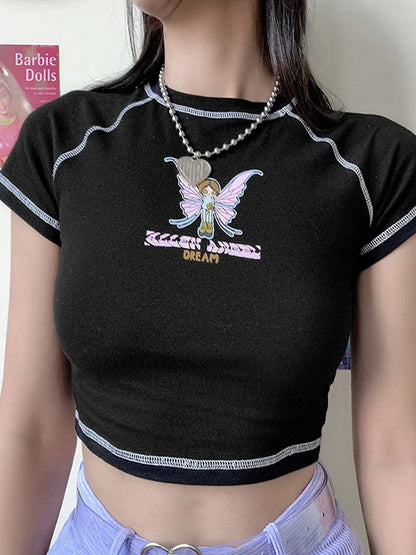 Butterfly Graphic Green Short Sleeve Vintage Tee Crop Top