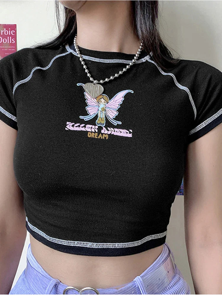 Butterfly Graphic Green Short Sleeve Vintage Tee Crop Top