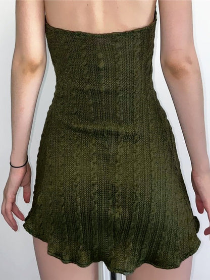 Green Hooded Long Trendy Sleeve Knitted Mini Dress