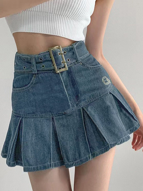 Buckle Belt Low Trendy Waist Denim Mini Skirt