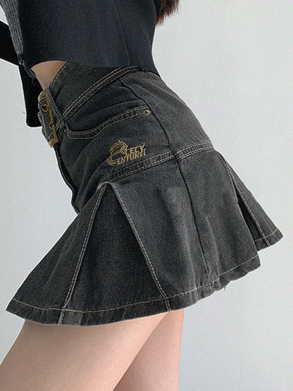 Buckle Belt Low Trendy Waist Denim Mini Skirt