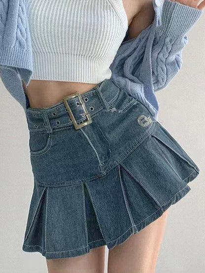 Buckle Belt Low Trendy Waist Denim Mini Skirt