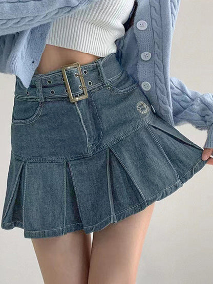 Buckle Belt Low Trendy Waist Denim Mini Skirt