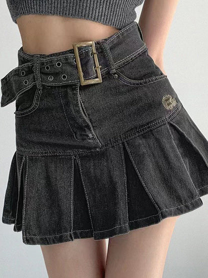 Buckle Belt Low Trendy Waist Denim Mini Skirt