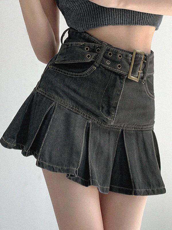 Buckle Belt Low Trendy Waist Denim Mini Skirt