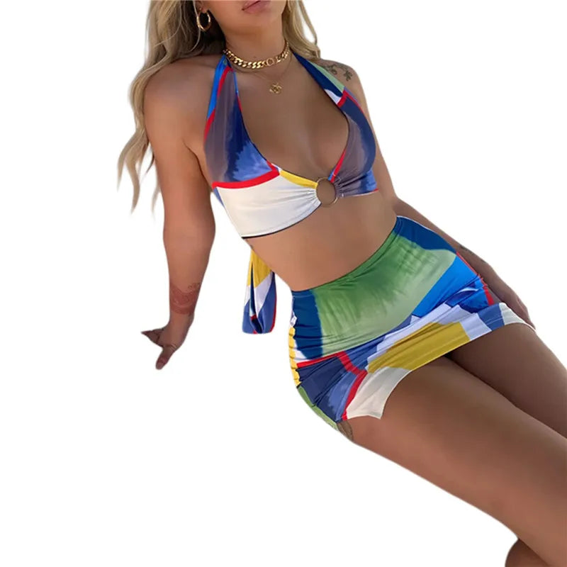 Colorful Geomatic Print Sexy Deep V neck Halter Mini Dress