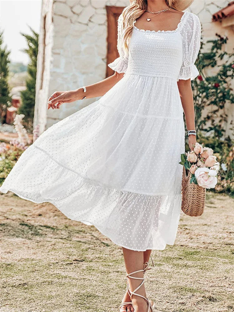 Elegant Women Chiffon Summer  Mesh Short Puff Sleeve Square Neck Dot Pattern Stretch Ruched Beachwear