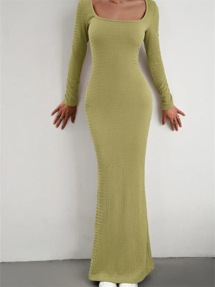 Elegant Women Knitted   Sleeve Square Neck Solid Slim Fit Spring Autumn Cocktail Female Vestidos