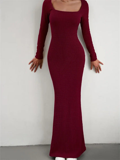 Elegant Women Knitted   Sleeve Square Neck Solid Slim Fit Spring Autumn Cocktail Female Vestidos