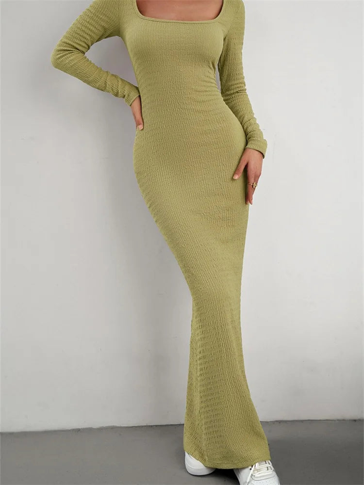 Elegant Women Knitted   Sleeve Square Neck Solid Slim Fit Spring Autumn Cocktail Female Vestidos