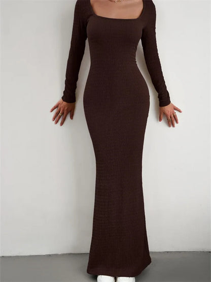 Elegant Women Knitted   Sleeve Square Neck Solid Slim Fit Spring Autumn Cocktail Female Vestidos