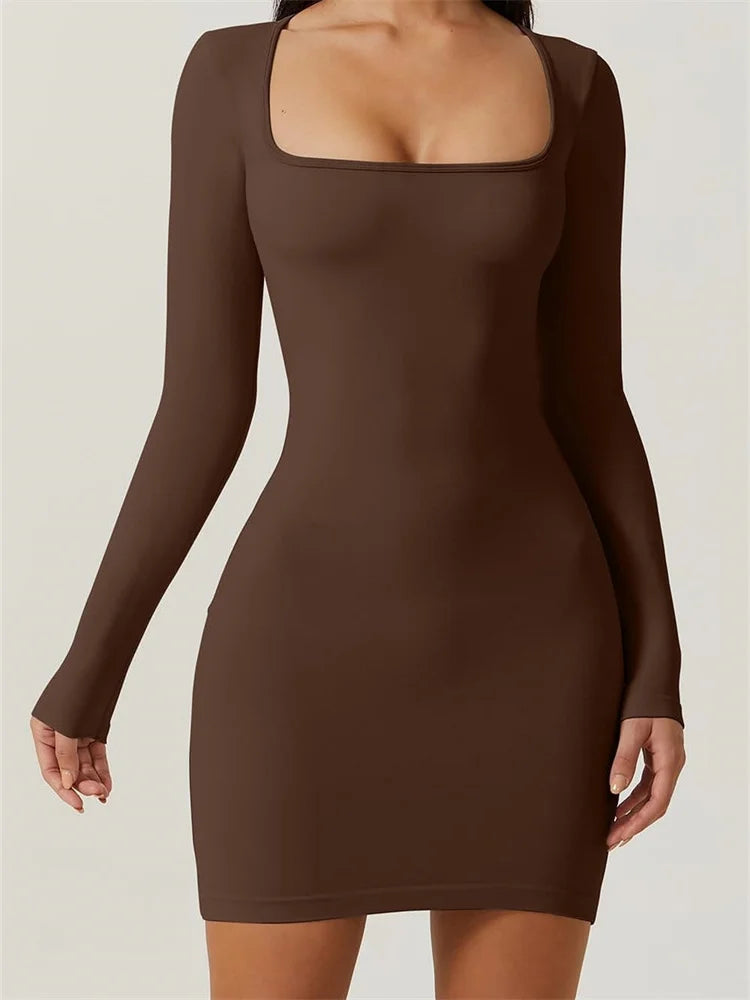 Elegant Long Sleeve Pencil Square Neck Low Mini Dress