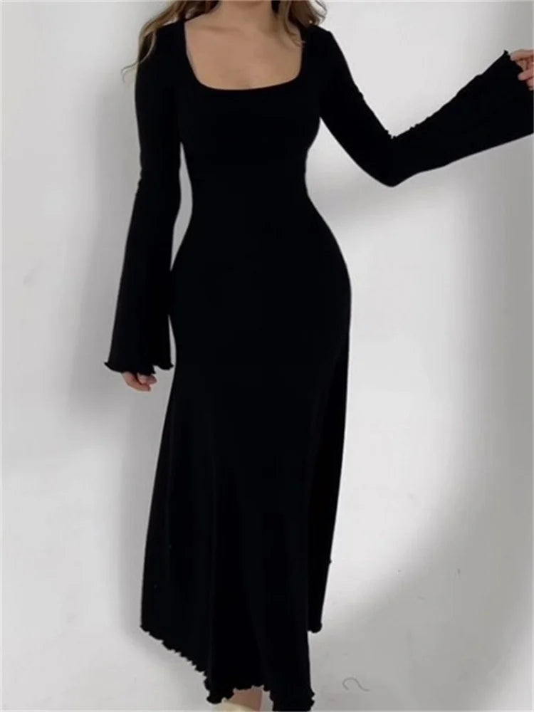 Elegant Women Ribbed   Sleeve Square Neck Solid Slim Fit Fall Party Vestido Streetwear