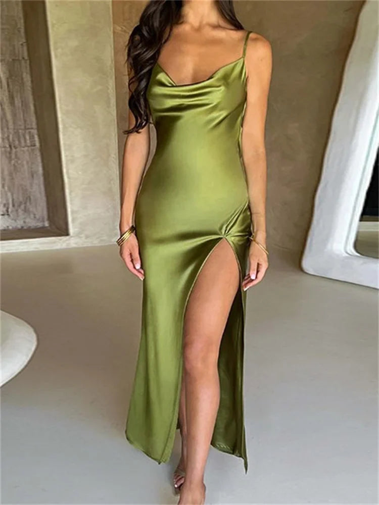 Elegant Women Satin V-neck Low Cut  Spaghetti Strap Backless Ruched High Split Party Female Vestidos