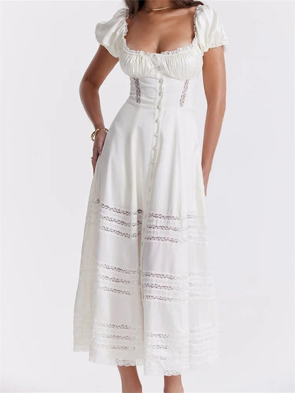 Elegant Women Short Sleeve Front Buttons Up   Lace Hollow Out High Waist White OL Summer Vestidos