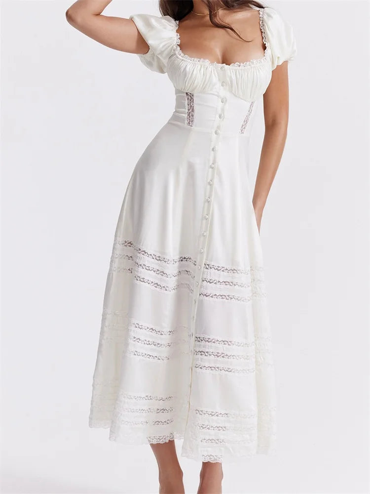 Elegant Women Short Sleeve Front Buttons Up   Lace Hollow Out High Waist White OL Summer Vestidos