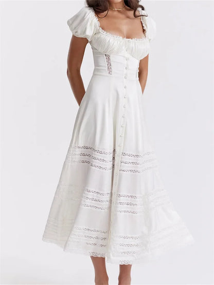 Elegant Women Short Sleeve Front Buttons Up   Lace Hollow Out High Waist White OL Summer Vestidos