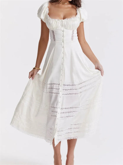 Elegant Women Short Sleeve Front Buttons Up   Lace Hollow Out High Waist White OL Summer Vestidos