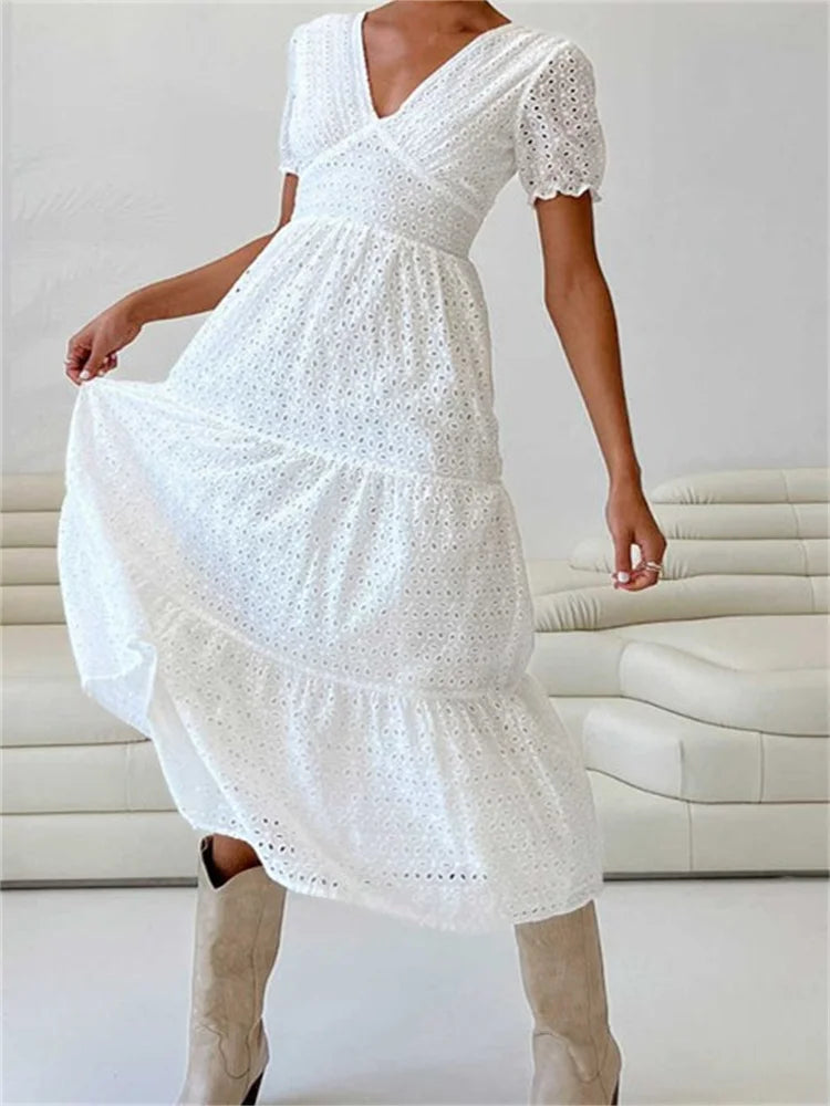 Elegant Women Summer Short Sleeve A-Line Solid V-neck Lace Floral Backless Tie-up  Party Vestido