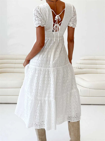 Elegant Women Summer Short Sleeve A-Line Solid V-neck Lace Floral Backless Tie-up  Party Vestido