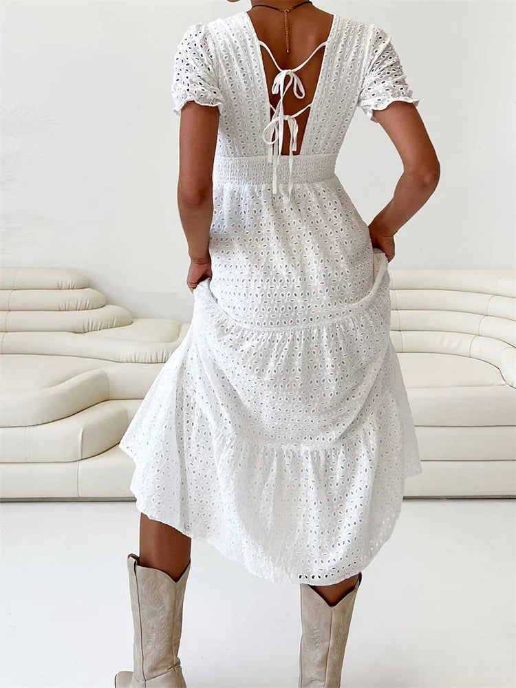 Elegant Women Summer Short Sleeve A-Line Solid V-neck Lace Floral Backless Tie-up  Party Vestido