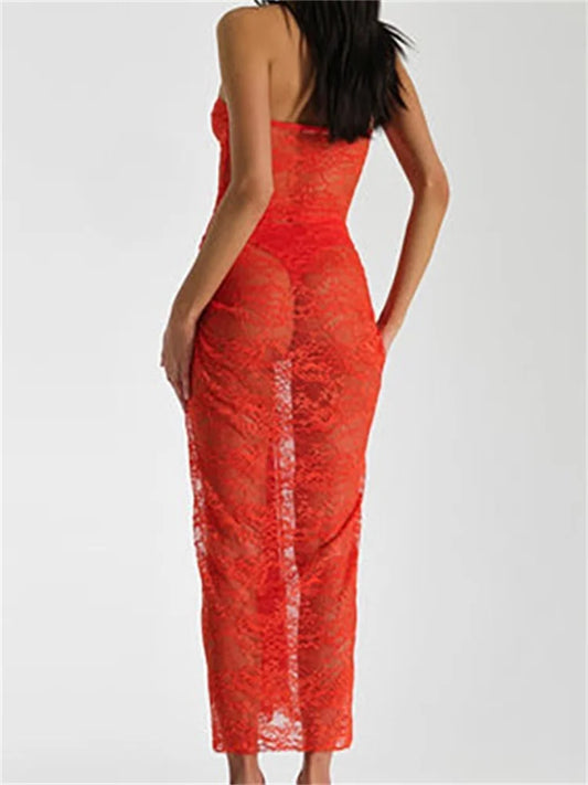 Lace Floral See Through Tube Summer Party Clubwear For Women Strapless Off Shoulder Ruched Push Up