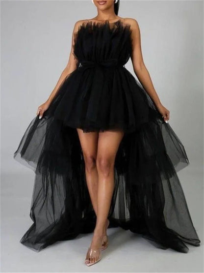 Mesh Sheer Elegant Women Formal Ball Gown  Strapless Off Shoulder High Waist Asymmetrical Hem Tulle