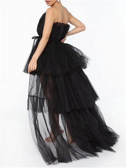 Mesh Sheer Elegant Women Formal Ball Gown  Strapless Off Shoulder High Waist Asymmetrical Hem Tulle