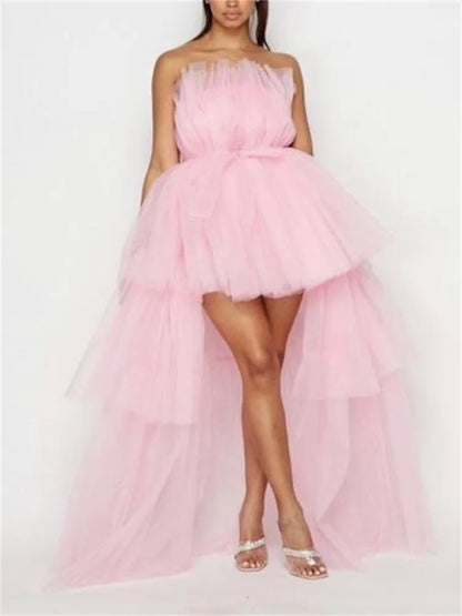 Mesh Sheer Elegant Women Formal Ball Gown  Strapless Off Shoulder High Waist Asymmetrical Hem Tulle