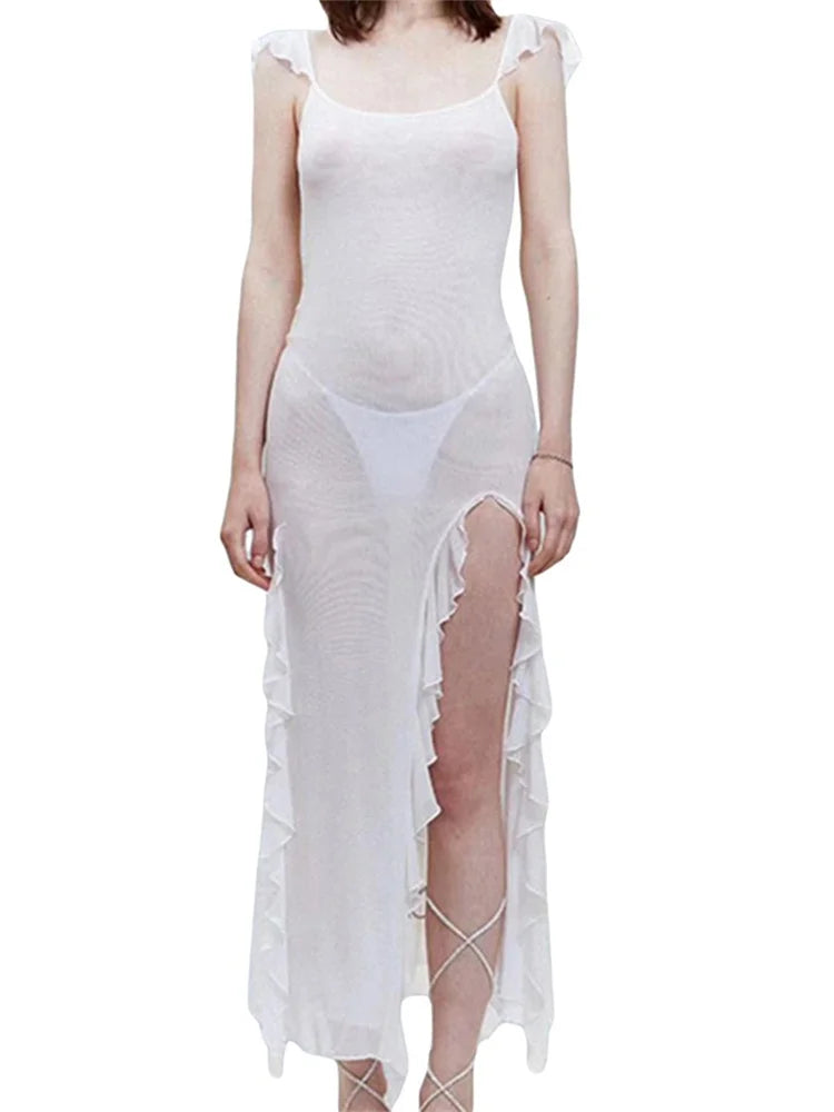 Mesh Sheer See Through  Summer Beach Cover Ups for Women Sleeveless Backless Ruffles Split Tassels Vestidos