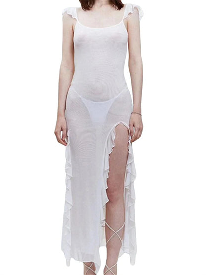 Mesh Sheer See Through  Summer Beach Cover Ups for Women Sleeveless Backless Ruffles Split Tassels Vestidos