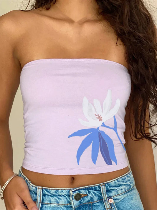 Retro Floral Strapless Backless Party Crop Top